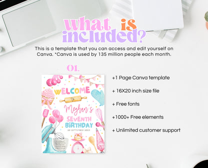 Editable Baking Birthday Party Welcome Sign Kids Cooking Party Poster Chef Party Banner Pink Baking Party Decor Instant Download GBP50