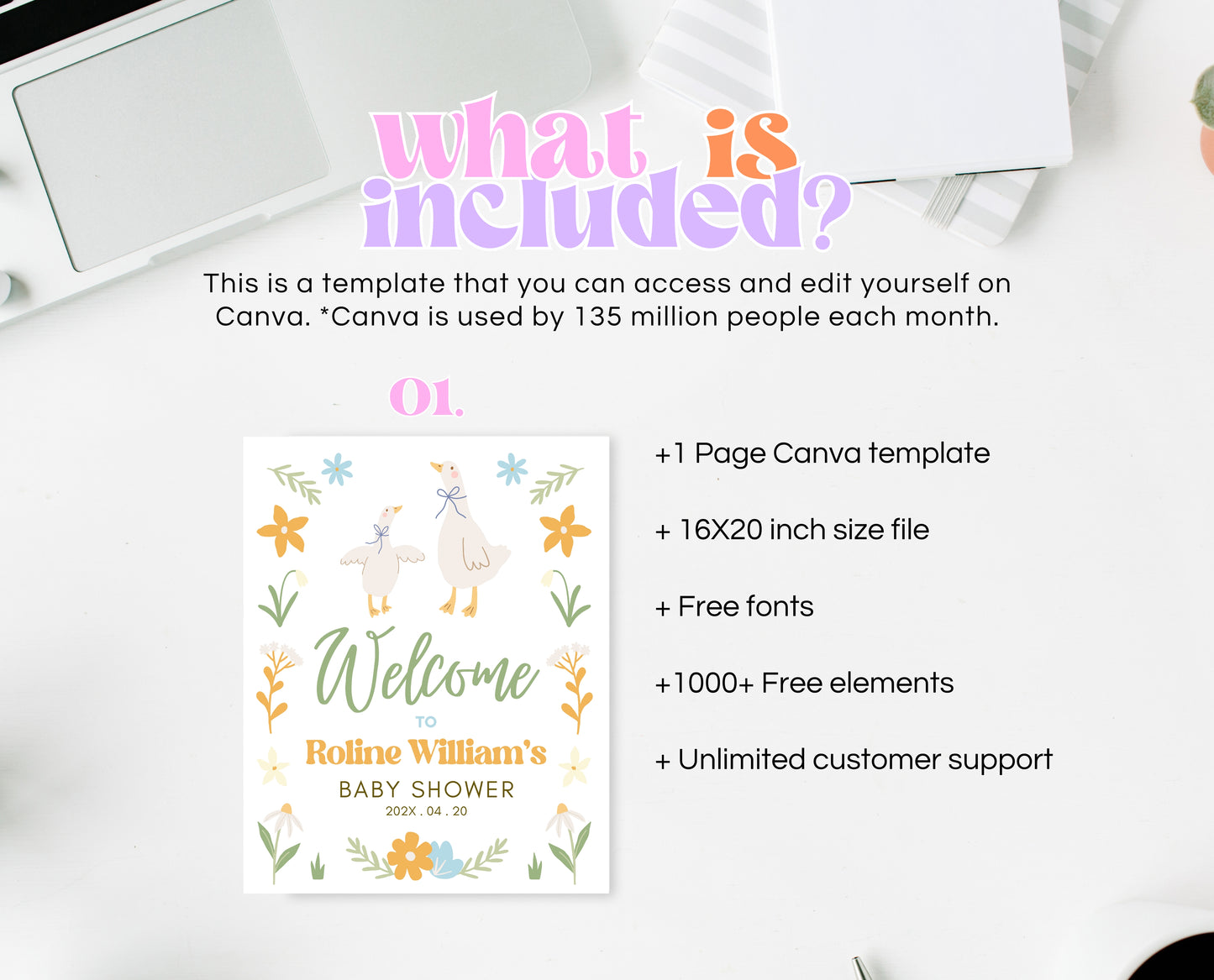 Editable Goose Baby Shower Welcome Sign, A Silly Goose Baby Shower, Floral Whimsical Goose Welcome Sign, Easter Baby Shower Theme, EPC02