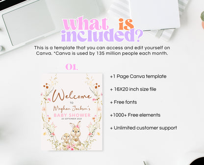 Editable Bunny Baby Shower Welcome Sign, Spring Floral Bunny Decor, Floral Bunny Baby Shower, Spring Bunny Baby Shower Welcome Banner, EPC12