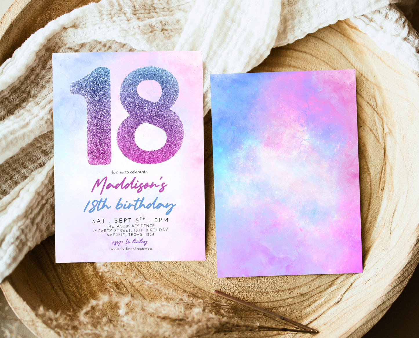 Editable 18th Birthday Invitation Pink Purple Blue Glitter Design Modern Elegant Digital Party Template Printable Invite Instant Download