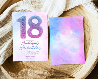 Editable 18th Birthday Invitation Pink Purple Blue Glitter Design Modern Elegant Digital Party Template Printable Invite Instant Download