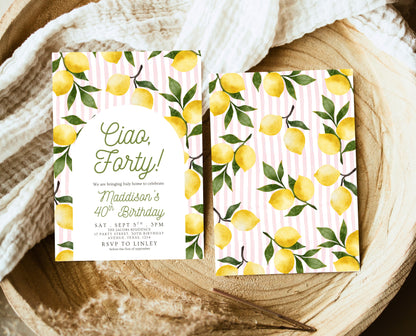 Editable Ciao Forty Birthday Invitation Lemon Boho Theme Modern 40th Party Template Digital Printable Invite Italian Summer Design Pink