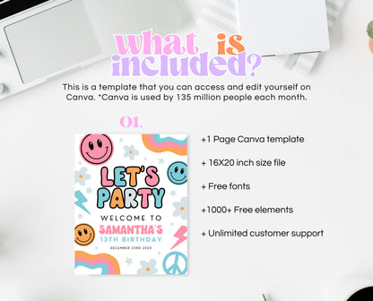 Editable Retro Smiley Birthday Welcome Sign, Preppy Smile Theme, Pink Checkered Smiley Birthday Sign, Retro Smiley Girl Welcome Sign, GBP18