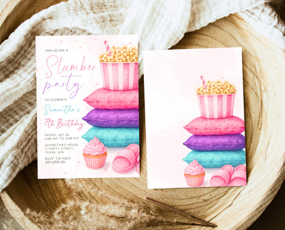Editable Slumber Birthday Invitation Pink Glamping Spa Sleepover Party Movie Night Tween Teen Printable Template Instant Download GBP52