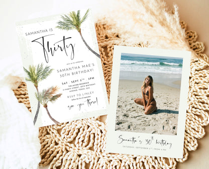 Editable Palm Birthday Invitation Template Folk Palm Trees Summer Party Beach Theme Watercolour Modern Instant Download Printable AB14