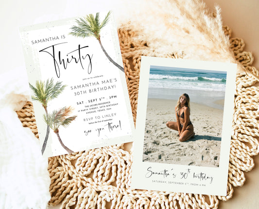 Editable Palm Birthday Invitation Template Folk Palm Trees Summer Party Beach Theme Watercolour Modern Instant Download Printable AB14
