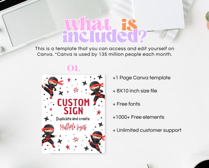 Editable Ninja Party Custom Sign Karate Birthday Poster Martial Arts Warrior Theme Printable Table Sign Digital Any Text Download BBP19
