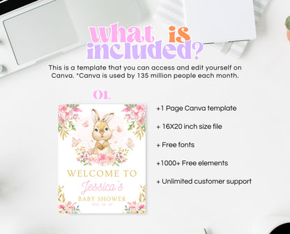 Editable Bunny Baby Shower Welcome Sign, Pink Gold Bunny, Girl Floral Bunny Baby Shower, Spring Rabbit Baby Shower Welcome Banner, EPC10