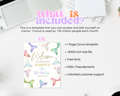 Editable Mermaid Tail Birthday Welcome Sign, Under the Sea Birthday Welcome Banner, Birthday Template, Pastel Rainbow Glitter Mermaid, GBP13