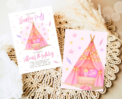 Editable Slumber Birthday Invitation Pink Glamping Spa Sleepover Party Movie Night Tween Teen Printable Template Instant Download GBP51