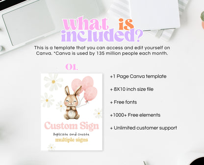 Editable Bunny Birthday Custom Sign, Rabbit Birthday Party, Hop On Over Bunny Birthday Sign, Spring Birthday, Rabbit Custom Banner, EPC06