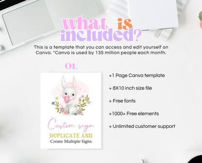 Editable Pink Bunny Birthday Custom Sign, White Bunny Birthday Party, Hop On Over Bunny Birthday, Spring Birthday, Rabbit Custom Sign, EPC16