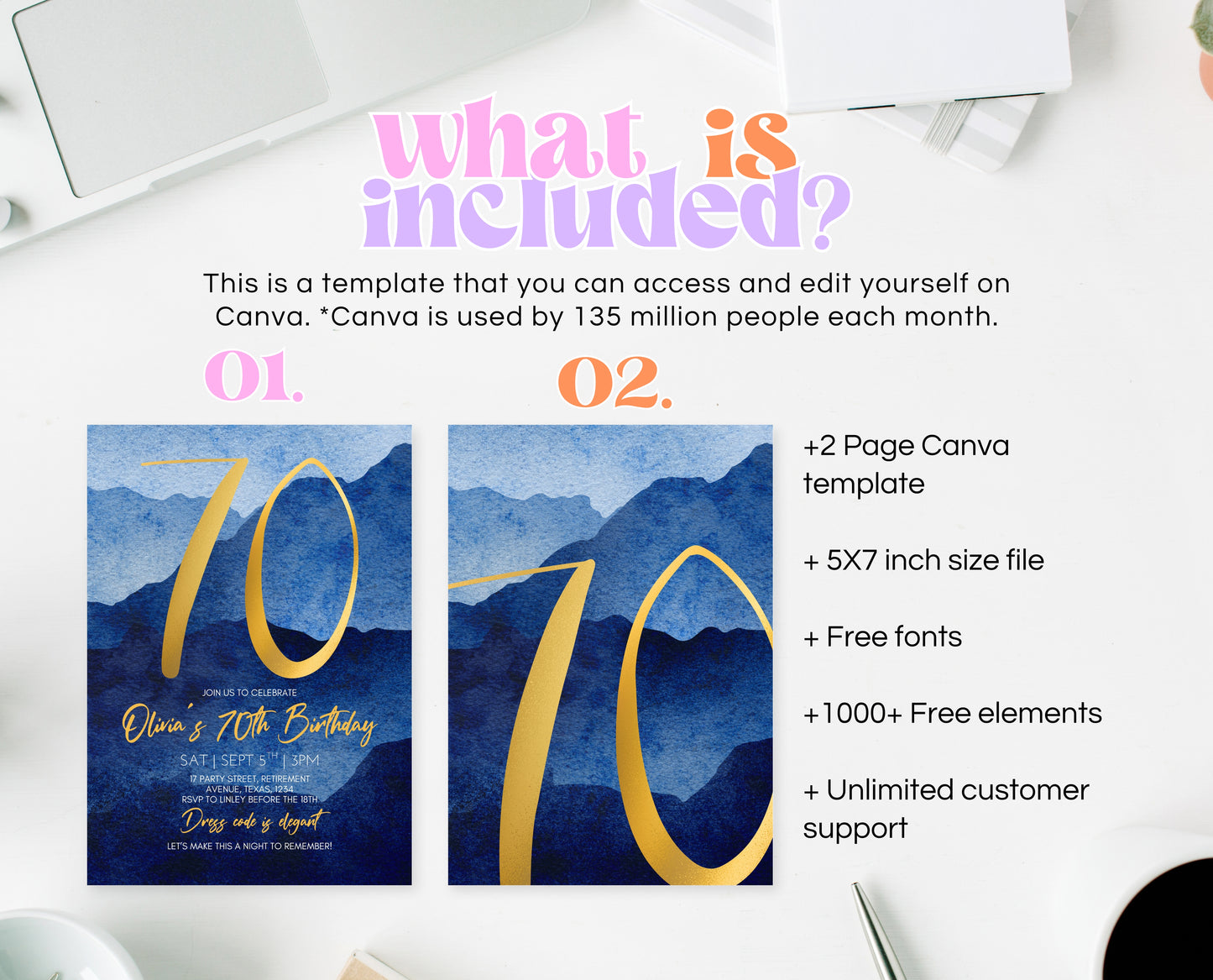 Editable 70th Birthday Invitation Blue Gold Digital Template Modern Mobile Invite for Him Instant Download Printable Party Design AB09