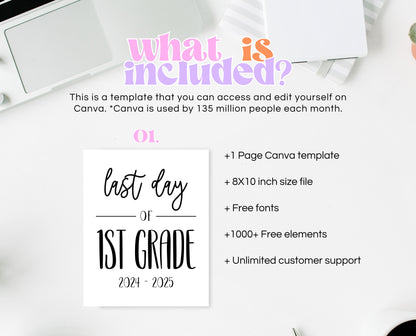 Editable Last Day of First Grade Sign, Printable 1st Grade Class Sign, Minimalist Elementary School Sign, Final Day Sign, Instant Download