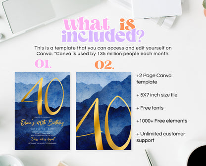 Editable 40th Birthday Invitation Blue Gold Digital Template Modern Mobile Invite for Him Instant Download Printable Party Design AB09