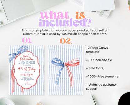Editable Whimsical 4th Of July Invitation, Independence Day BBQ Invite, American Bow Invitation, July 4th BBQ Invite, July Fourth Invite