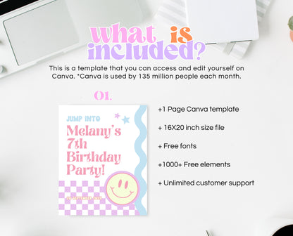 Editable Retro Smiley Birthday Welcome Sign, Preppy Smile Theme, Pink Checkered Smiley Birthday Sign, Retro Smiley Girl Welcome Sign, GBP17