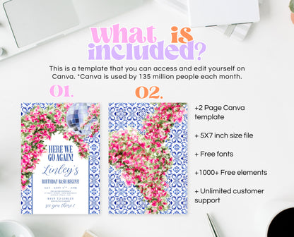 Editable Mediterranean Birthday Invitation Here We Go Again Disco Theme Digital Party Invite Template Fun Celebration Printable Invite AB19