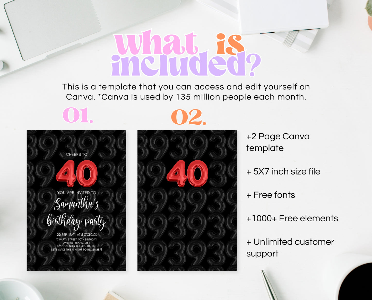 Editable 40th Birthday Invitation, Black 40th Birthday Invite, 40th Balloon Birthday Invite, Modern Minimalist Birthday Invitation, AB07