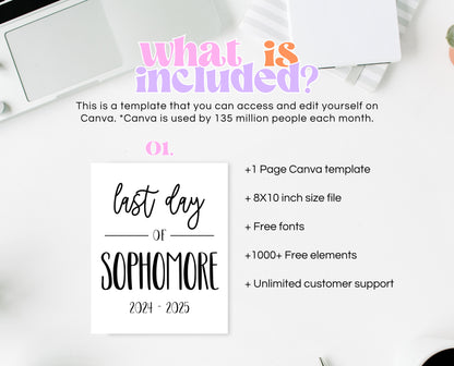 Editable Last Day Of Sophomore Year Sign, Printable 10th Grade Sign, Minimal High School Sign, College Final Day Sign, Instant Download
