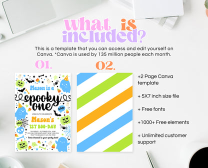 Editable Spooky One Birthday Invitation Blue Green Halloween 1st Birthday Template for Boy Digital Download Printable Invite Neon Boy HB01