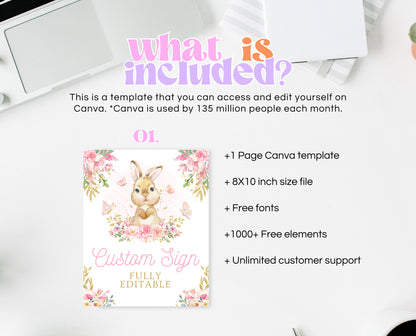Editable Bunny Baby Shower Custom Sign, Pink Gold Bunny, Girl Floral Bunny Baby Shower, Spring Rabbit Baby Shower Fully Editable Sign, EPC10