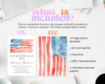 Editable Modern 4th Of July Invitation, Independence Day BBQ Invite, American Barbeque Invitation, July 4th BBQ Invite, July Fourth Invite