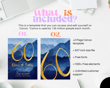 Editable 60th Birthday Invitation, Mobile 60th Birthday Invite, Blue Gold 60th Birthday Decor, 60th Balloon Invite, Instant Download, AB09