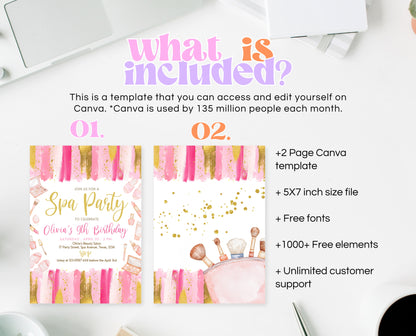 Editable Spa Birthday Invitation, Spa Party Invite, Pamper Birthday Invite, Pink Glam Party Invite, Spa Girls Birthday Invitation, GBP07