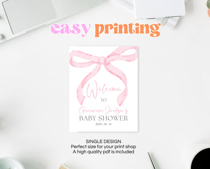 Editable Pink Bow Baby Shower Welcome Sign, Girl First Baby Shower Printable, Pink Coquette Bow Welcome Girl Sign, Bow Sign Decor, VDC12