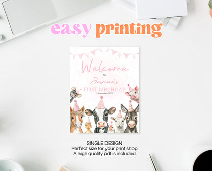 Editable Farm Girl Birthday Welcome Sign, Pink Farm Birthday Party Decor, Calling All Party Animals, Pink Farm Animals Welcome Banner, GBP14