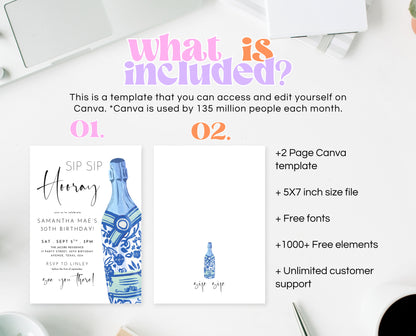 Editable Sip Sip Hooray Champagne Birthday Invitation Blue Modern Minimalist Boozy Party Printable Invite Template Instant Download