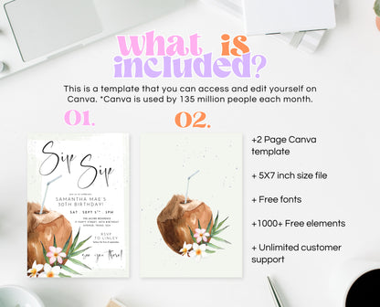 Editable Coconut Cocktail Birthday Invitation Tropical Beach Summer Party Modern Minimalist Printable Invite Template Instant Download