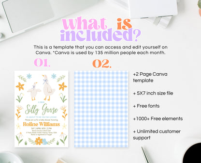 Editable Goose Baby Shower Invitation, A Silly Goose Baby Shower Invitation, Floral Whimsical Goose Invite, Easter Baby Shower Invite, EPC02