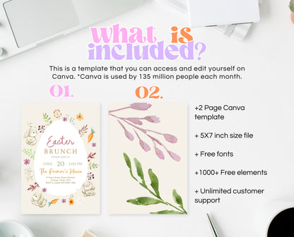 Editable Easter Brunch Invitation, Printable Easter Party Invitation, Scribble Doodle Easter Invite, Boho Floral Easter Brunch Invitation