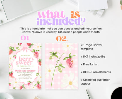 Editable Berry Sweet Birthday Invitation, Pink Strawberry Birthday Girl Invite, Whimsical Strawberry Birthday Girl Invitation, Pink, GBP06