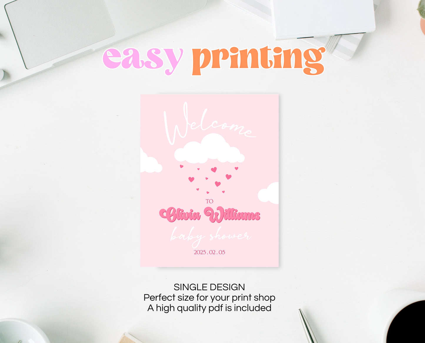 Editable Valentine Baby Shower Welcome Sign, Showered With Love Baby Shower Sign, Pink Cloud Hearts Baby Shower Welcome, Download, VDC11