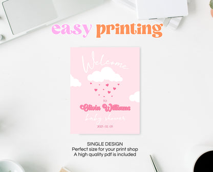 Editable Valentine Baby Shower Welcome Sign, Showered With Love Baby Shower Sign, Pink Cloud Hearts Baby Shower Welcome, Download, VDC11