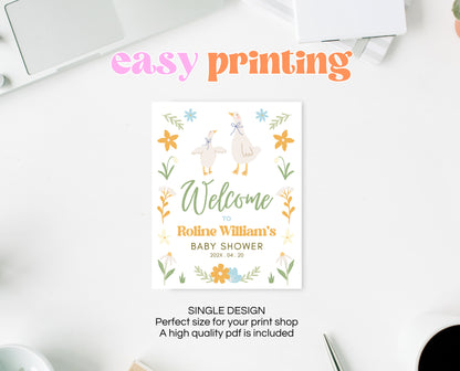 Editable Goose Baby Shower Welcome Sign, A Silly Goose Baby Shower, Floral Whimsical Goose Welcome Sign, Easter Baby Shower Theme, EPC02