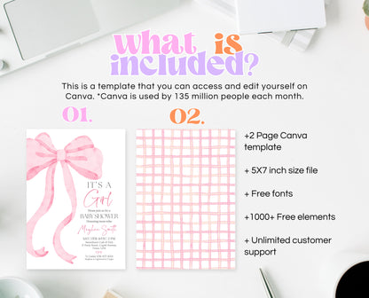 Editable Pink Bow Baby Shower Invitation, It's A Girl Baby Shower, Pink Coquette Bow Invitation Baby Shower Girl Invite, Bow Invite, VDC12