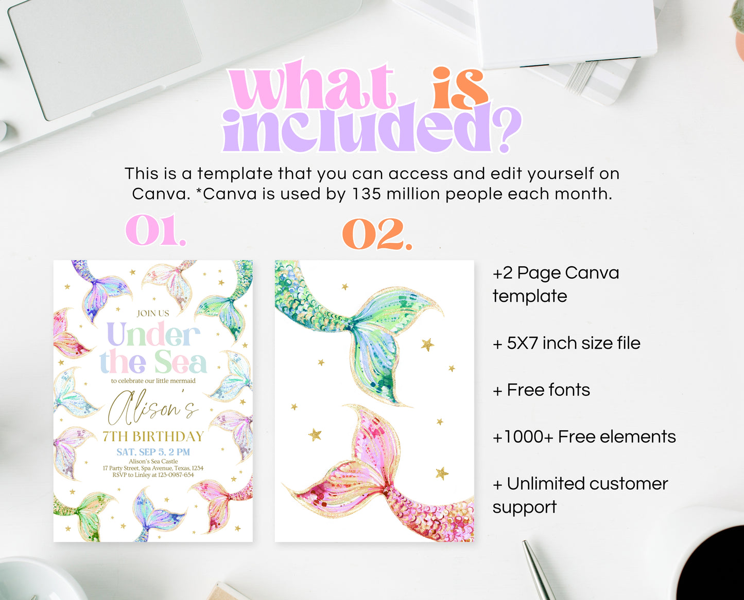 Editable Mermaid Birthday Invitation, Under the Sea Birthday Invitation, Birthday Template, Rainbow Pastel Glitter Mermaid Invite, GBP13