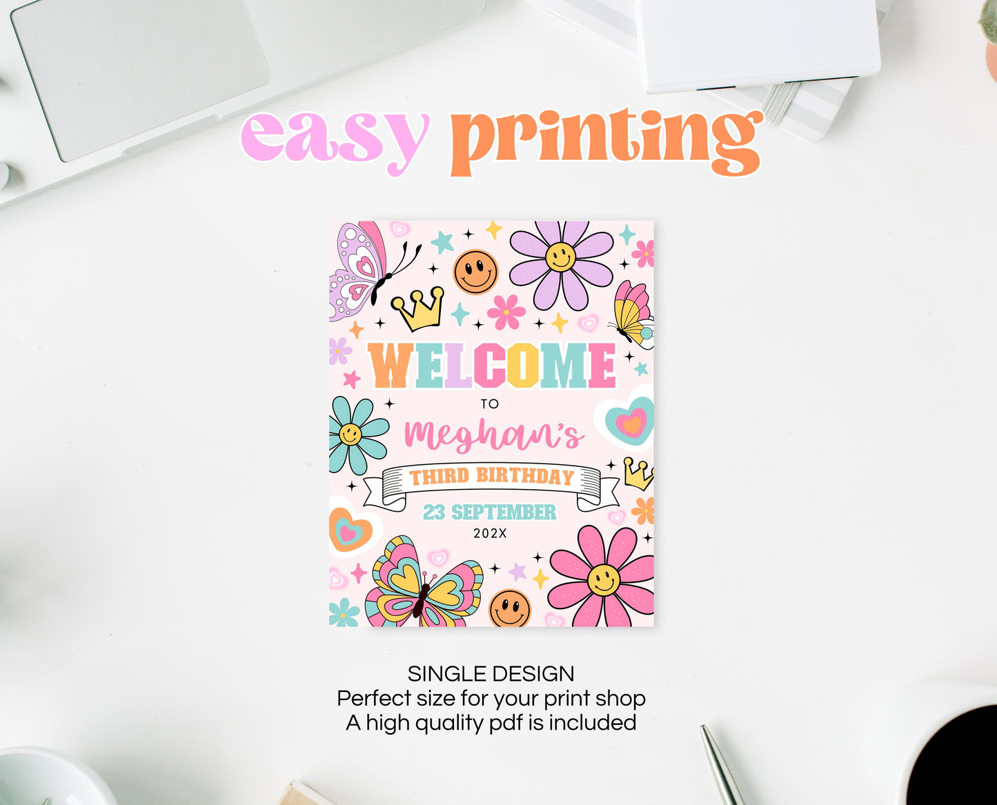 Editable Spring Birthday Welcome Sign, Patch Letter Girl Birthday, Varsity Patch Party Sign, Preppy Welcome Banner, Instant Download, GBP21
