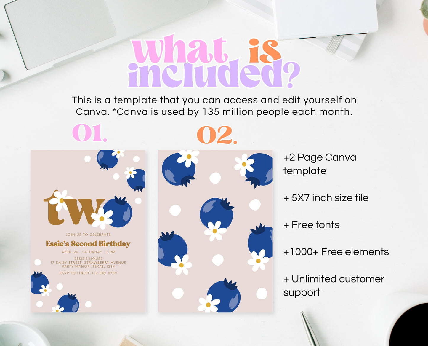 Editable Berry 2nd Birthday Invitation, Gold Blueberry 2nd Birthday Girl Invite, Printable Blueberry Second Birthday Girl Invitation, GBP03
