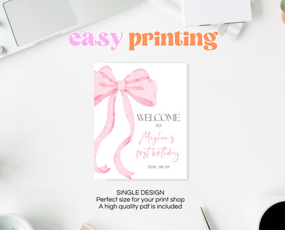 Editable Pink Bow Birthday Welcome Sign, Girl First Birthday Printable, Pink Coquette Bow Welcome Birthday Girl Sign, Bow Sign Decor, VDC12