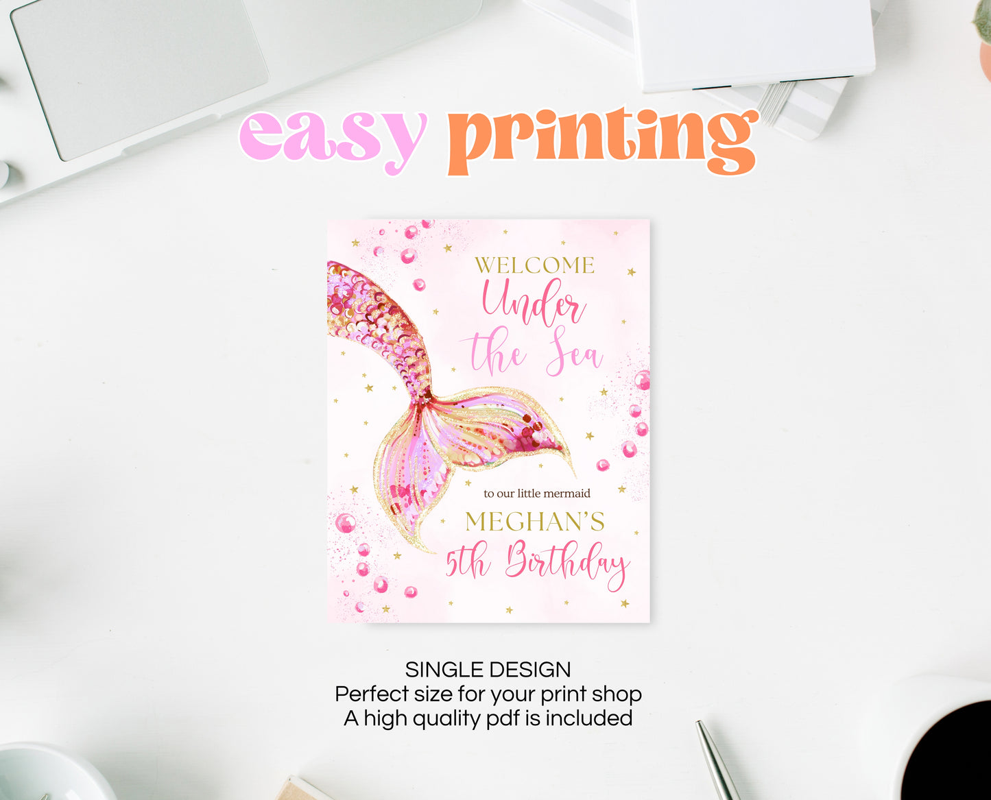 Editable Mermaid Tail Birthday Welcome Sign, Under the Sea Birthday Welcome Banner, Birthday Template, Pink And Gold Glitter Mermaid, GBP11