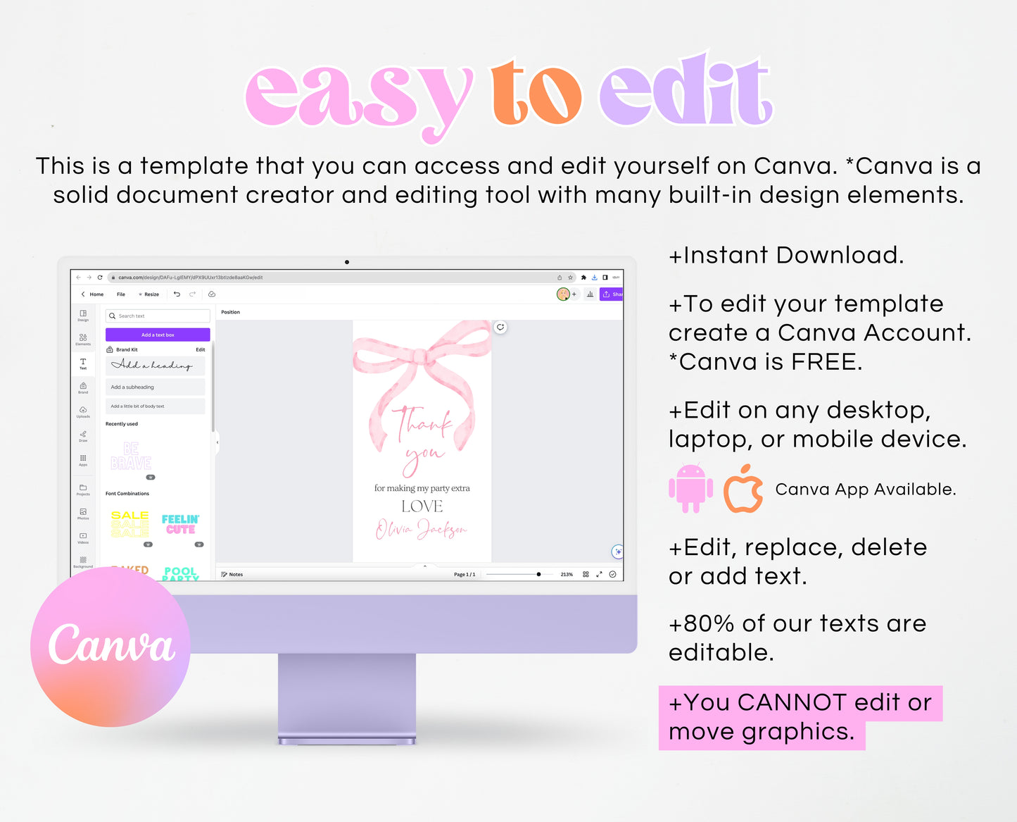 Editable Pink Bow Birthday Favor Tag, Girl First Birthday Printable, Pink Coquette Bow Girl Favor Gift Tag, Bow Tag, Instant Download, VDC12