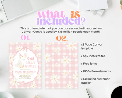Editable One Silly Goose Birthday Invitation, Girl 1st Birthday Invite, Pink Printable Invite, Goose First Birthday Invite, Template, EPC03