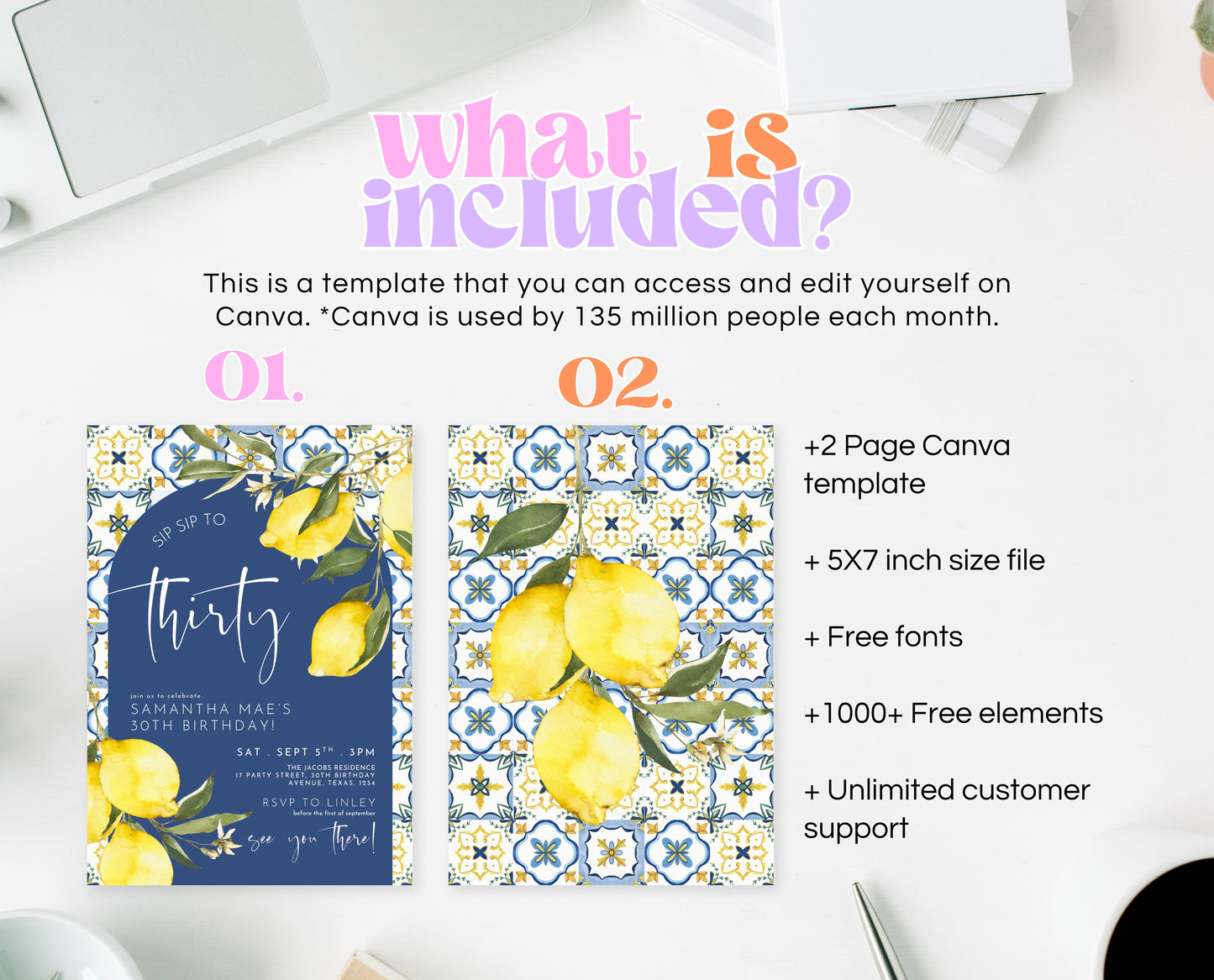 Editable Mediterranean Lemon Birthday Invitation Blue Tiles Italy Theme Summer Party Printable Boho Adult Birthday Invite Template AB15