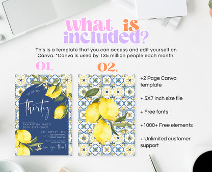 Editable Mediterranean Lemon Birthday Invitation Blue Tiles Italy Theme Summer Party Printable Boho Adult Birthday Invite Template AB15