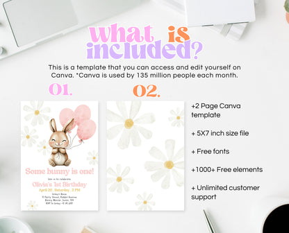 Editable Bunny Birthday Invitation, Some Bunny 1st Birthday Party, Hop On Over Bunny Birthday, Spring Birthday Rabbit Birthday Invite, EPC06